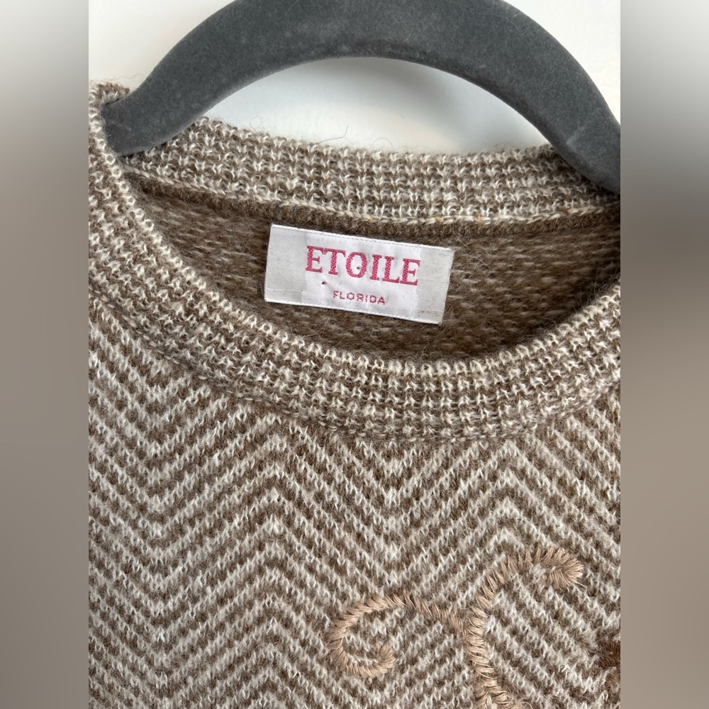 Vintage Alpaca Blend Embroidered Puff Shoulder Sweater Chevron Neutral M - Picture 5 of 8